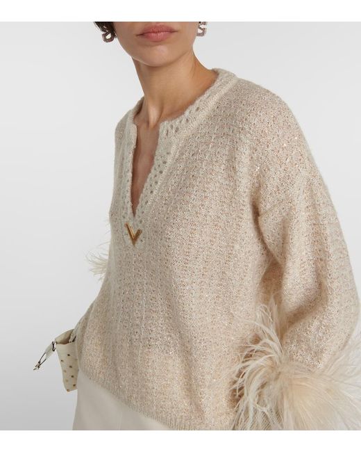 Valentino Natural Vgold Feather-trimmed Lame Sweater