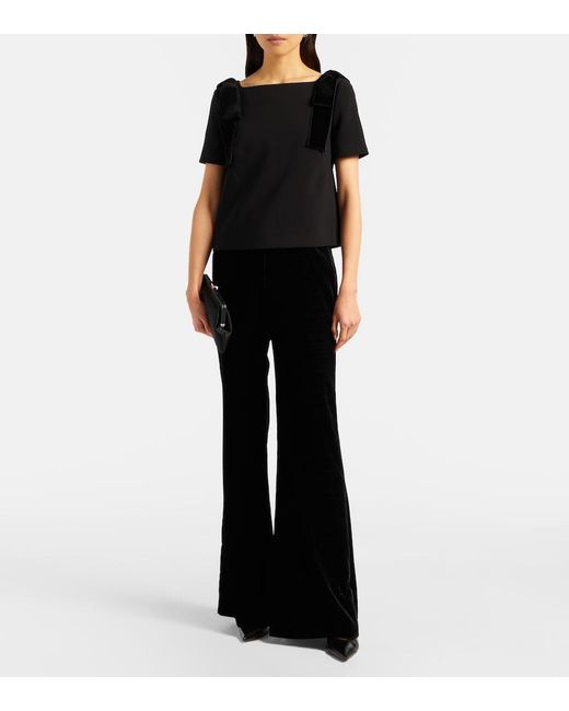 Carolina Herrera Black Bow-Detail Velvet-Trimmed Crepe Top