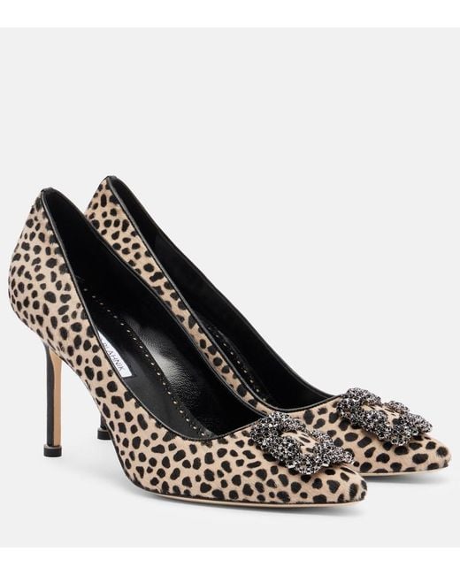 Manolo Blahnik Black Hangisi 90 Leopard-Print Calf Hair Pumps