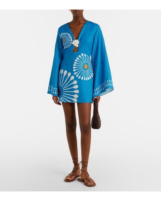 Cala De La Cruz Blue Vera Floral Linen Minidress