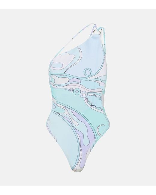 Emilio Pucci Blue Orchidee One-Shoulder Swimsuit