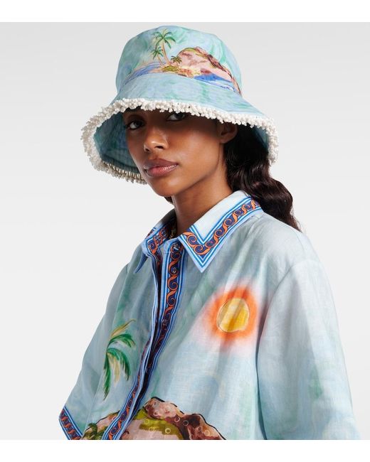 ALÉMAIS Blue Printed Linen Bucket Hat