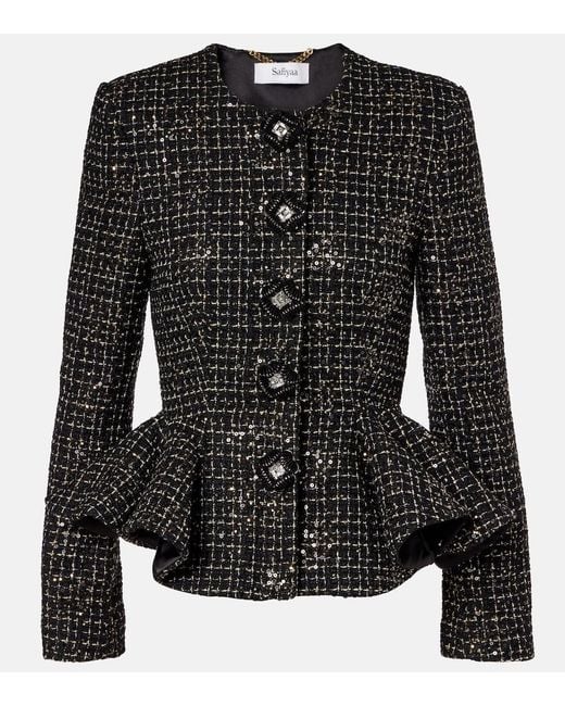 Safiyaa Black Tomomi Sequined Peplum Tweed Jacket