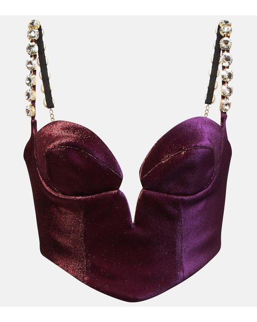 Area Purple Embellished Cotton-Blend Cropped Top