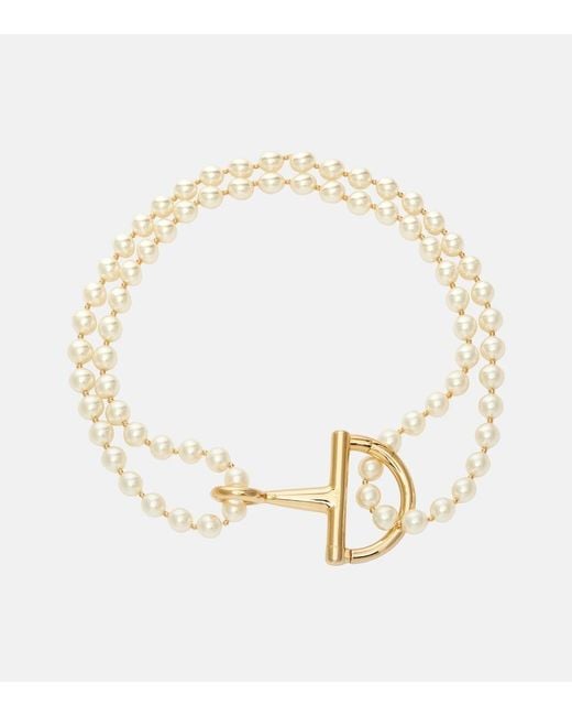 Gucci Metallic Half Horsebit Faux Pearl Necklace