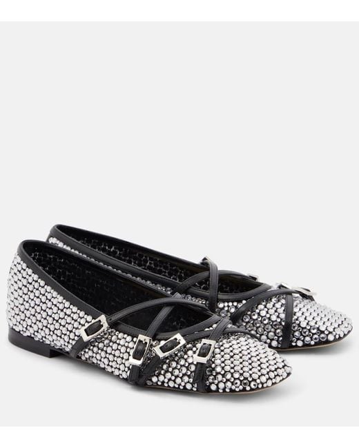 Mach & Mach Black Crystal-Embellished Mesh Ballet Flats