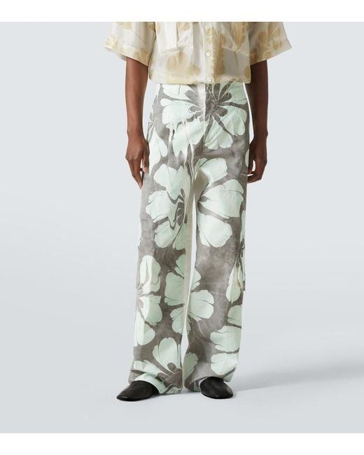 Dries Van Noten Green Floral Cotton Wide-Leg Pants for men