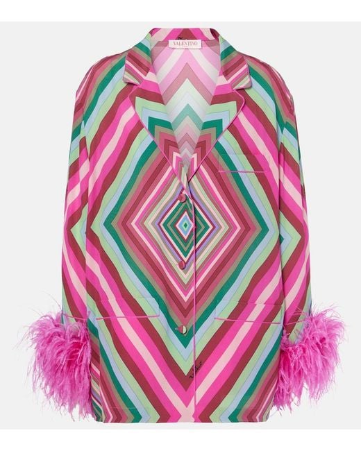Valentino Pink Rhombus 75 Feather-Trimmed Crepe De Chine Top