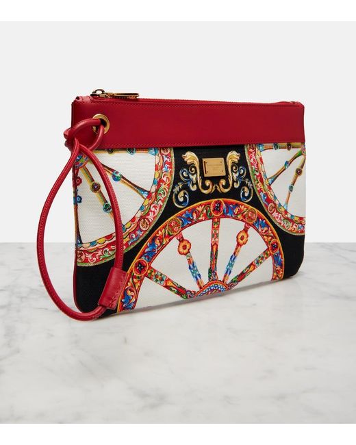 Dolce & Gabbana Red Small Printed Leather-Trimmed Canvas Pouch