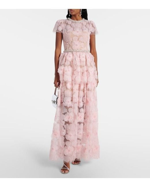 Self-Portrait Pink Embellished Floral Tulle Gown