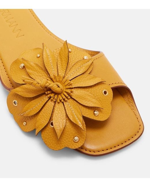 Zimmermann Natural Brightside Floral-Applique Leather Sandals