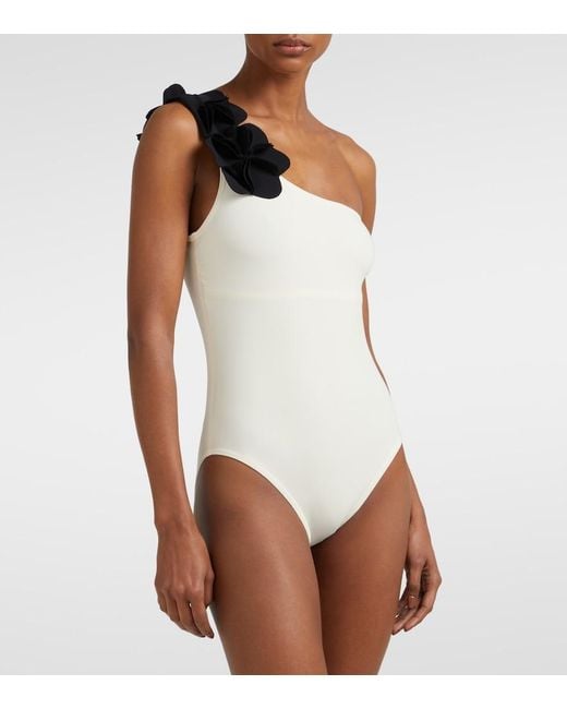 Karla Colletto White Tess Floral-Applique One-Shoulder Swimsuit