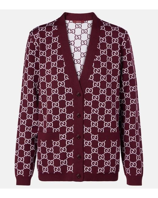 Cardigan Reversible De Jacquard En Mezcla De Lana Con Gg Gucci de color Red