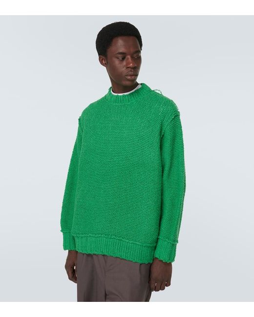 Sacai Green Distressed Cotton Sweater for men