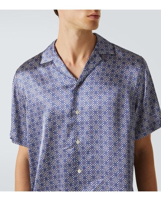 Frescobol Carioca Blue Roberto Printed Silk Bowling Shirt for men
