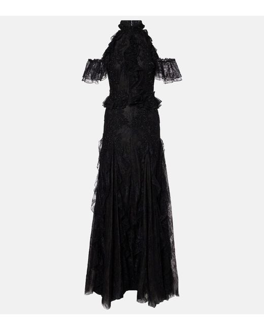 Costarellos Black Halterneck Lace Gown