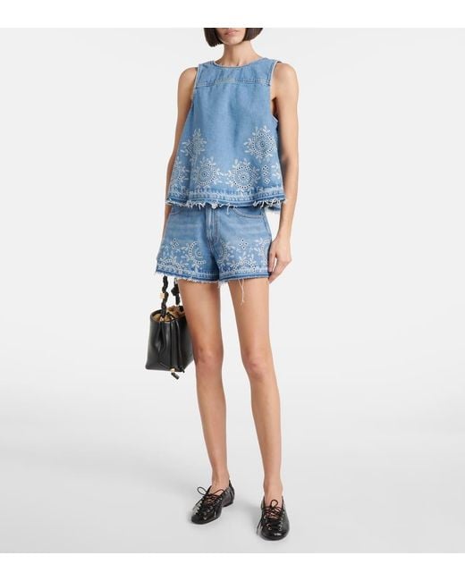 Ganni Blue Broderie Anglaise Denim Shorts