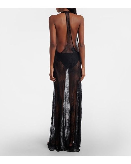 Adriana Degreas White Sheer Open-Back Lace Maxi Dress