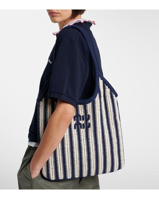 Miu Miu Black Ivy Medium Striped Crochet Shopper