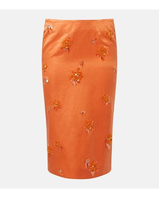 ShuShu/Tong Orange Embellished Linen And Silk Slip Skirt