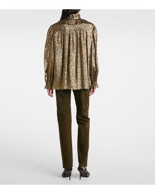 Chloé Brown Ruffled Lame Silk-Blend Blouse