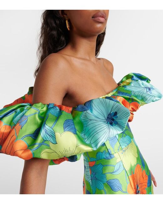 ALÉMAIS Green Floral Ruffled Satin Midi Dress
