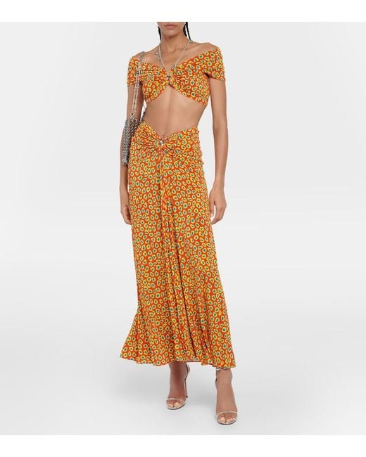 Rabanne Orange Low-Rise Printed Jersey Maxi Skirt