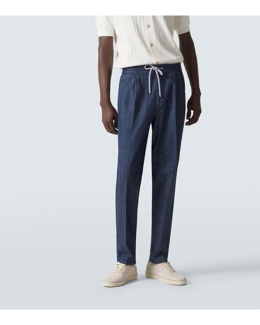 Brunello Cucinelli Blue Pleated Straight Jeans for men