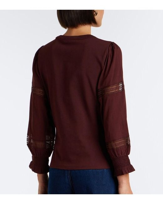 Veronica Beard Purple Bellamie Lace-Trimmed Cotton-Blend Jersey Top