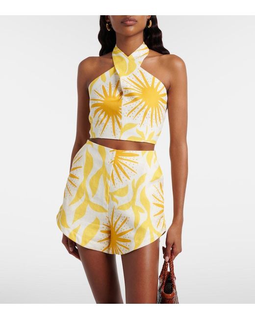 Cala De La Cruz Metallic Ivy Printed Halterneck Linen Crop Top