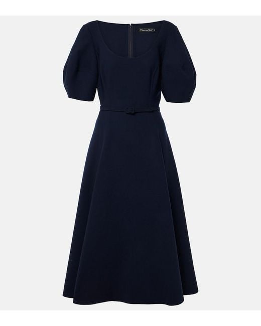 Oscar de la Renta Blue Puff-Sleeve Wool-Blend Midi Dress