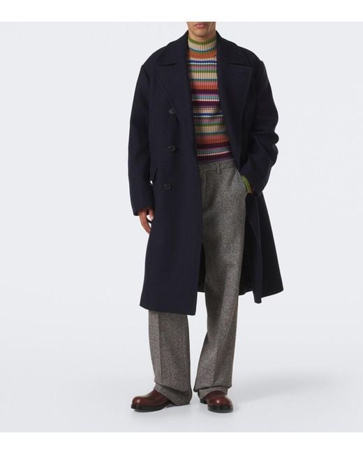 Dries Van Noten Blue Double-Breasted Wool-Blend Coat for men