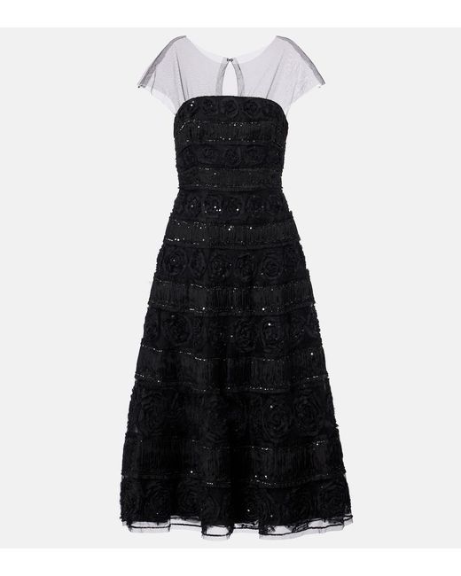 Carolina Herrera Black Floral-Applique Sequined Gown