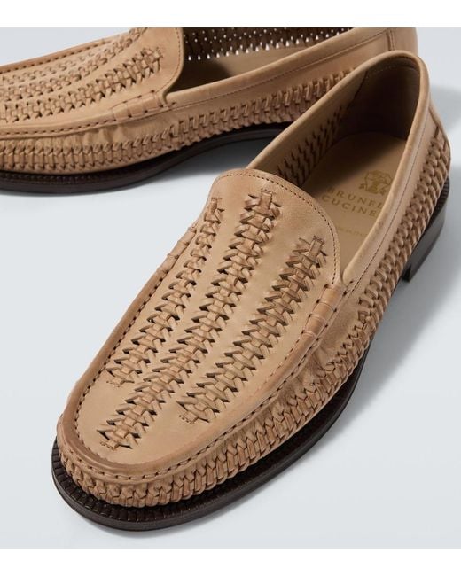 Brunello Cucinelli Brown Woven Leather Loafers for men