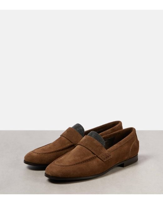 Brunello Cucinelli Brown Monili-embellished Suede Loafers