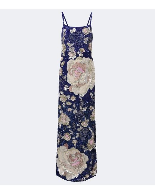 La Fuori Blue Sequined Floral Gown