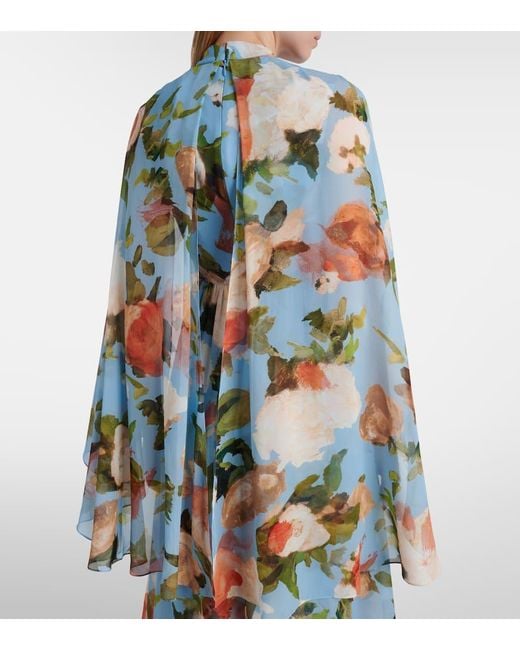 Erdem Blue Caped Floral Silk Voile Gown