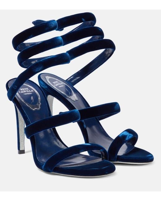 Sandales à Talons Hauts Bleues René Caovilla - Strass Micro, Bride Cheville, Satin, Pointure US 6.5