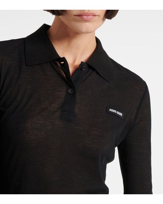 Miu Miu Black Ribbed-Knit Cotton Jersey Polo Dress