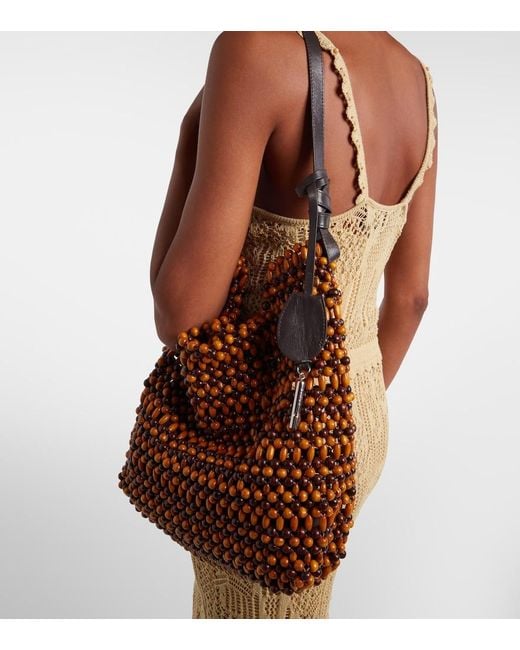 Staud Brown Drift Beaded Leather-Trimmed Tote Bag