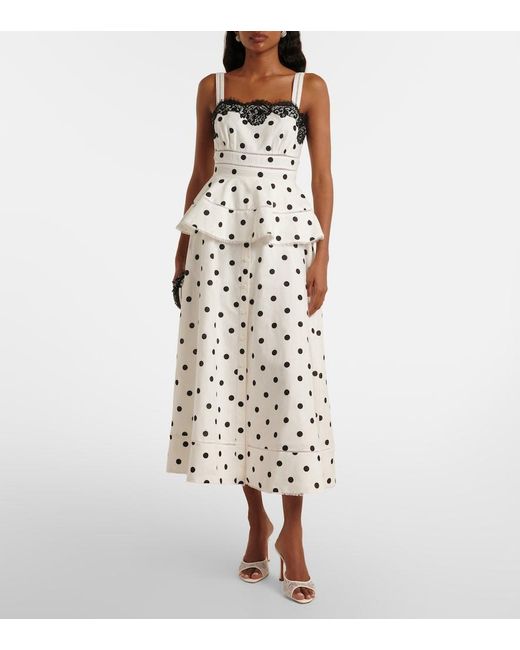 Self-Portrait White Polka-Dot Linen And Cotton Midi Dress
