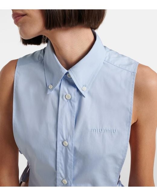 Miu Miu Blue Cutout Cropped Cotton Poplin Shirt