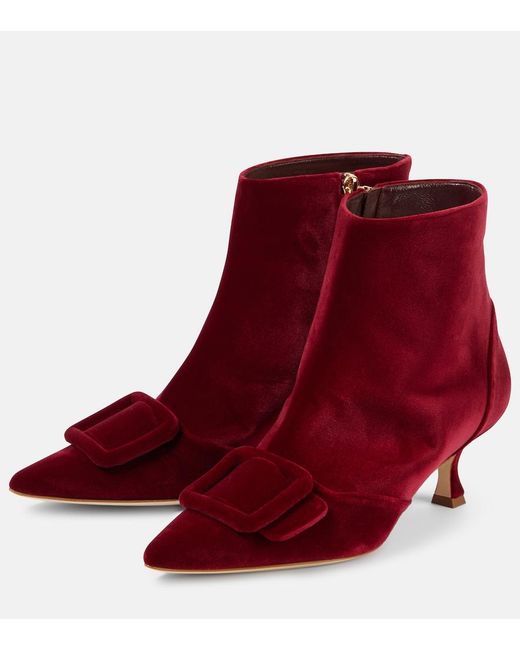 Manolo Blahnik Red Baylow Velvet Ankle Boots