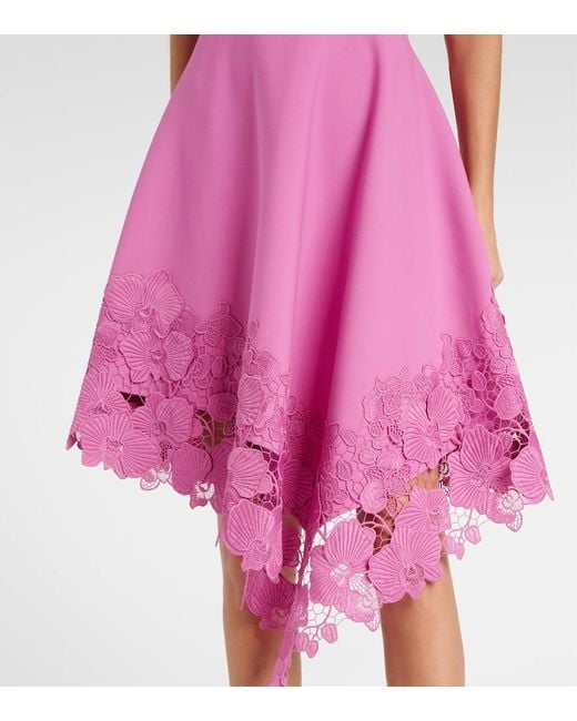Oscar de la Renta Pink Floral Lace-Trimmed Midi Dress