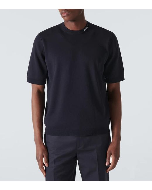 T-shirt in seta e cotone con logo di Gucci in Blue da Uomo