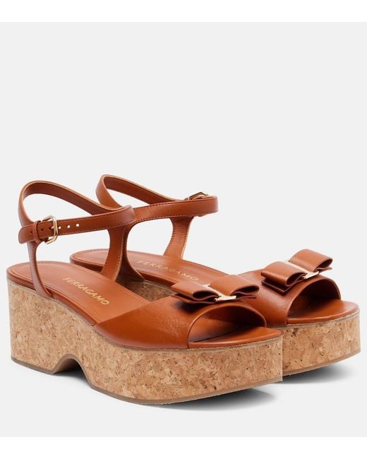 Ferragamo Brown Selna Leather Wedge Sandals