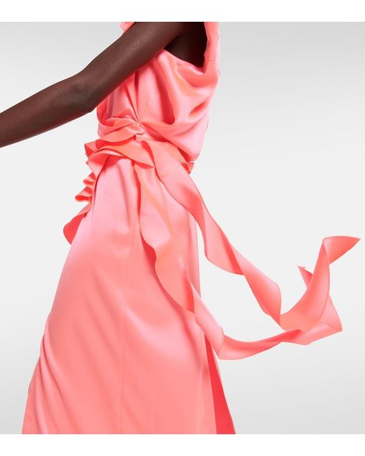 David Koma Pink Padded Shoulders Ruffle Wrap Gown
