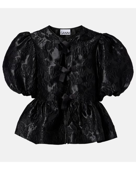 Ganni Black Bow-Detail Floral Peplum Satin Blouse