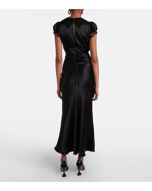 Rodarte Black Lace-Trimmed Silk Satin Maxi Dress