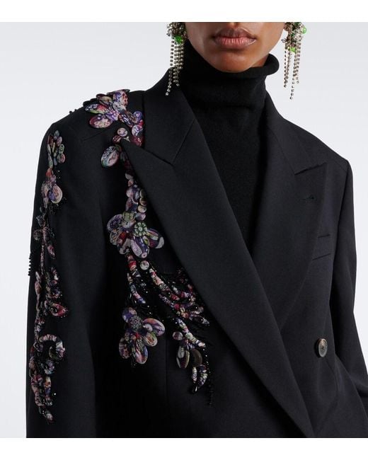 Dries Van Noten Black Embellished Double-Breasted Wool Blazer